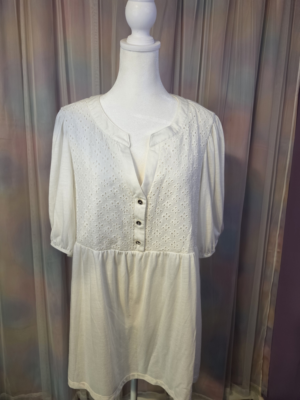 PerSeption Women White Floral Eyelet Embroidered Henley Tunic Top Size 1X